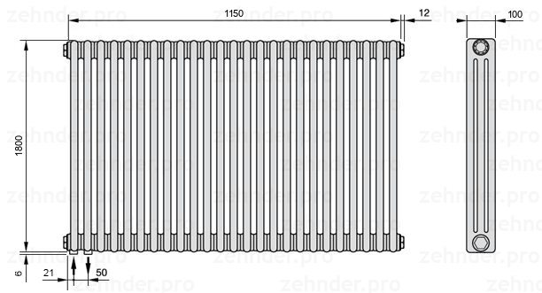 Схема (чертеж) Радиатор Zehnder Charleston 3180/25 №3370 Белый глянцевый RAL 9016